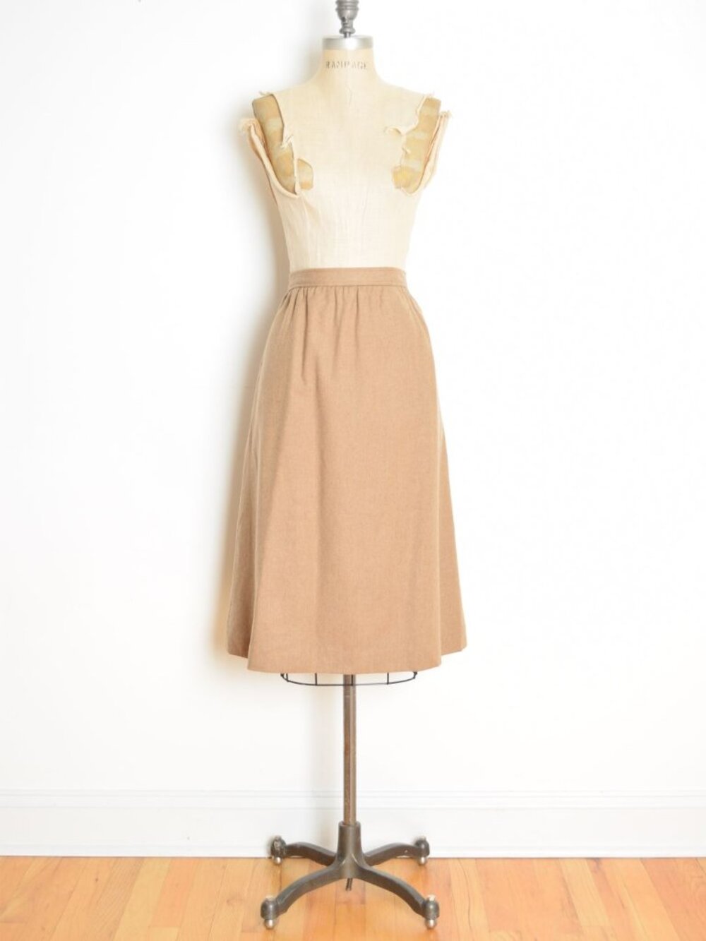 vintage 80s skirt beige wool high waist rise secretary midi neutral basic L